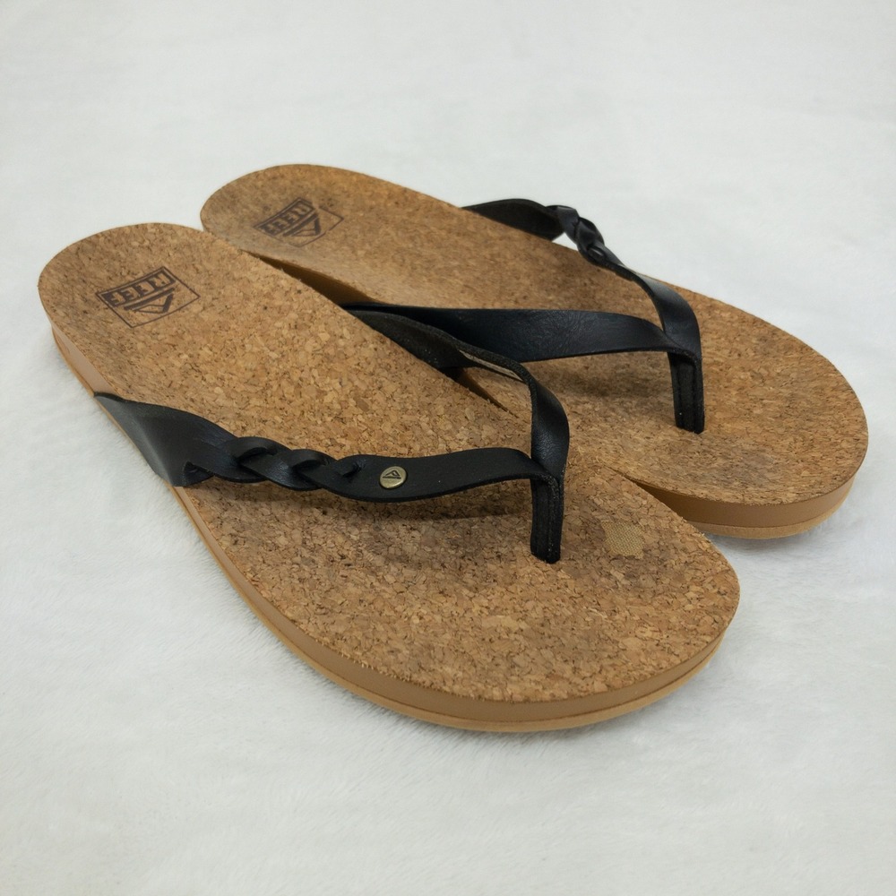 Reef Cushion Court Flip Flop Sandals Womens Size 9 Black Braided Twist Cork